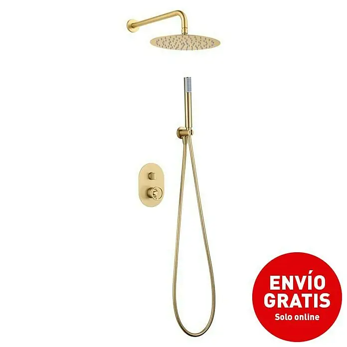 Imex Olimpo Sistema de ducha empotrado - Oro - Imagen de un juego de ducha dorado que incluye un cabezal de ducha tipo lluvia, una ducha de mano y un mezclador termostático. Un moderno sistema de ducha.