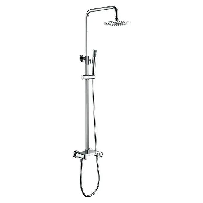 Imex Olimpo Sistema de ducha - Grifo monomando, Cromo - La imagen muestra un moderno sistema de ducha cromado con rociadores superiores y de mano sobre un fondo negro.