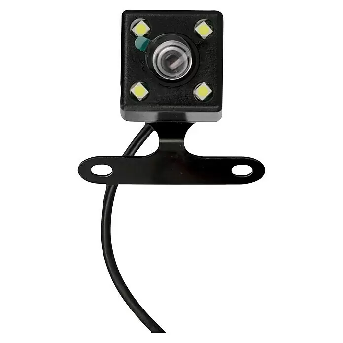 AEG Dashcam DC 2 - 1920 x 1080 Pixel - Schwarze Rückfahrkamera mit vier LED-Nachtsichtleuchten und Halterung, verbunden mit einem schwarzen Kabel.
