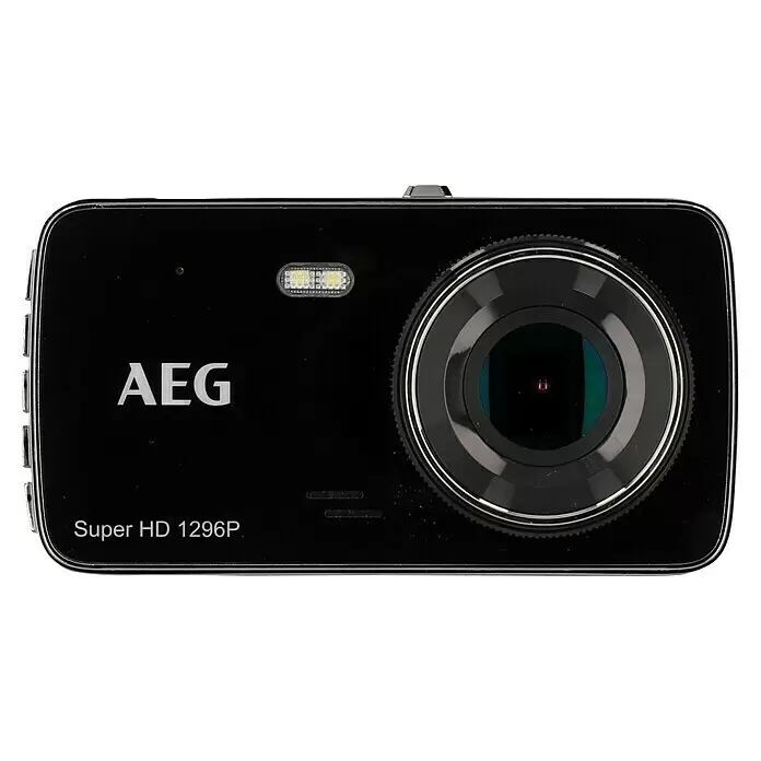 AEG Dashcam DC 2 - 1920 x 1080 Pixel - Schwarze AEG Dashcam mit auffälligem Kameraobjektiv, zwei LEDs und 'Super HD 1296P' Schriftzug.