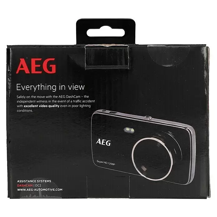 AEG Dashcam DC 2 - 1920 x 1080 Pixel - Schwarze AEG DashCam-Verpackung mit Produktdetails und Bild der Super HD 1296P Dashcam.