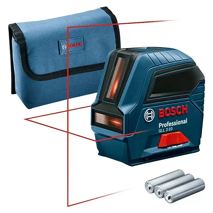 Bosch Professional Láser de línea GLL 2-10 - Zona de trabajo máx.: 10 m, 3 pzs. - Nivel láser Bosch GLL 2-10 Professional azul y negro con líneas láser rojas visibles, estuche azul y tres pilas AA plateadas.