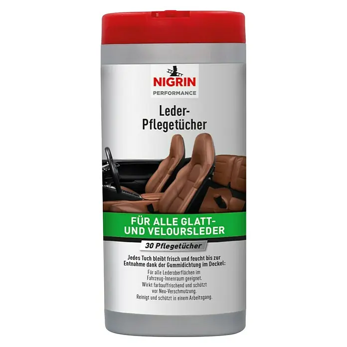 Nigrin Lederpflegetücher Leder Pflegetücher - Geeignet für: Leder, 30 Stk. - Dose Nigrin Leder-Pflegetücher zur Reinigung und Pflege von Glatt- und Veloursleder im Auto. 30 Tücher für die schnelle Anwendung.