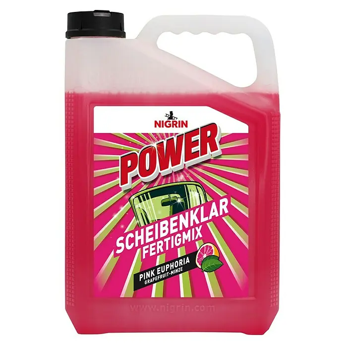 Nigrin Scheibenreiniger - Nettovolumen: 5 l, Geeignet für: Scheibenwaschanlagen - Nigrin Power Scheibenklar Fertigmix Pink Euphoria, ein rosa Scheibenreiniger mit Grapefruit-Minze Duft für klare Sicht und saubere Scheiben im Auto.