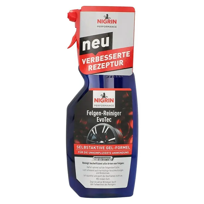 Nigrin Felgenreiniger - Nettovolumen: 750 ml - Abbildung einer Flasche Nigrin Performance Felgenreiniger EvoTec für eine effektive und unkomplizierte Felgenreinigung.