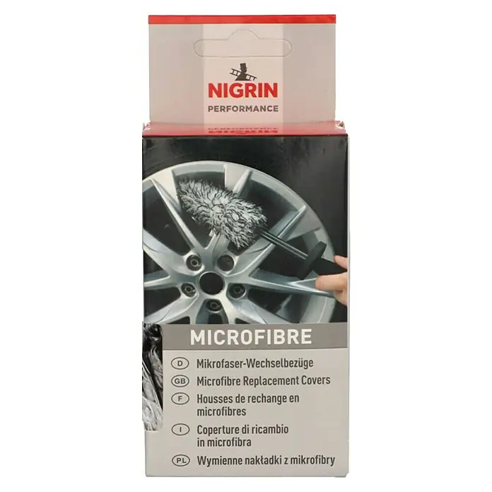 Nigrin Felgenbürste Mikrofaser-Wechselbezug - Geeignet für: Felgen - Produktverpackung der Nigrin Mikrofaser-Wechselbezüge für Felgenreiniger, ideal für die Autopflege und Felgenreinigung.