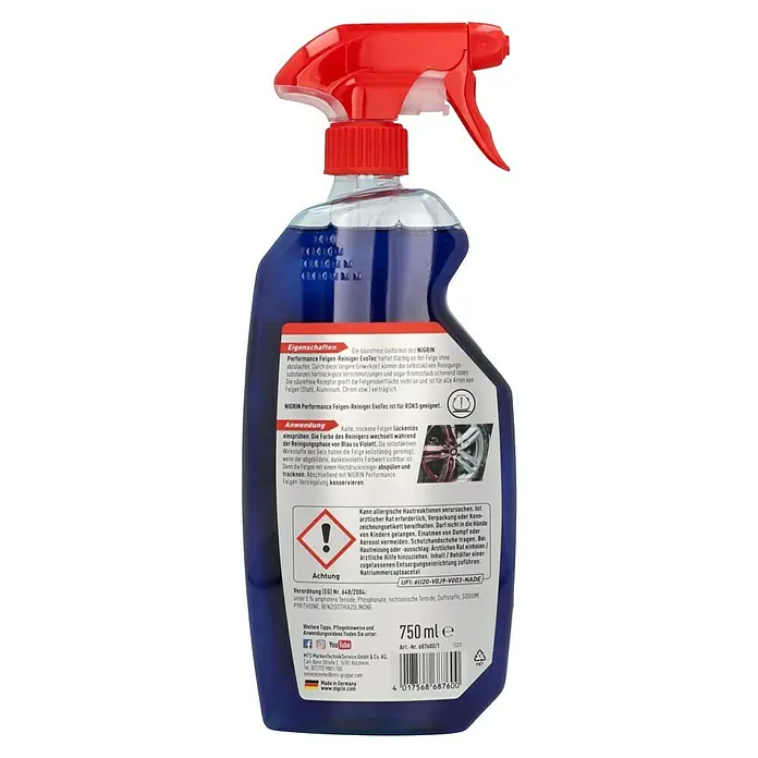 Nigrin Felgenreiniger - Nettovolumen: 750 ml - Produktbild von NIGRIN Performance Felgenreiniger EvoTec in einer 750ml Sprühflasche mit rotem Sprühkopf.