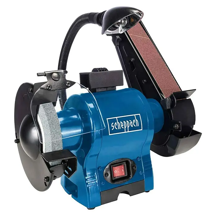 Scheppach Lijadora de banda y disco BTS 700 - 250 W, Diámetro disco de lija: 125 mm - Primer plano de una amoladora húmeda y seca Scheppach con lijadora de banda y lámpara para trabajos de rectificado fino.
