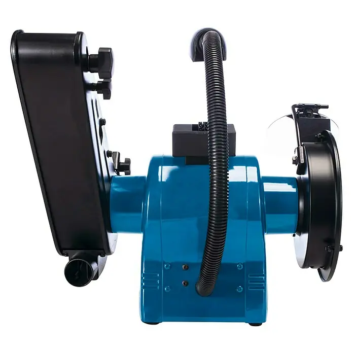 Scheppach Lijadora de banda y disco BTS 700 - 250 W, Diámetro disco de lija: 125 mm - Primer plano de una afiladora húmeda azul con accesorios negros. Ideal para afilar herramientas y cuchillos.