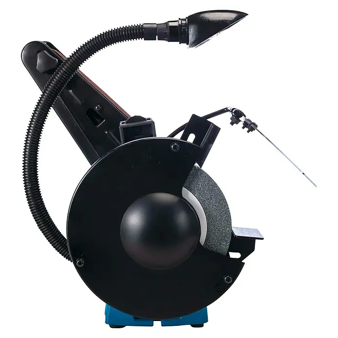 Scheppach Lijadora de banda y disco BTS 700 - 250 W, Diámetro disco de lija: 125 mm - Primer plano de una amoladora de banco negra con lámpara y muela sobre fondo negro.