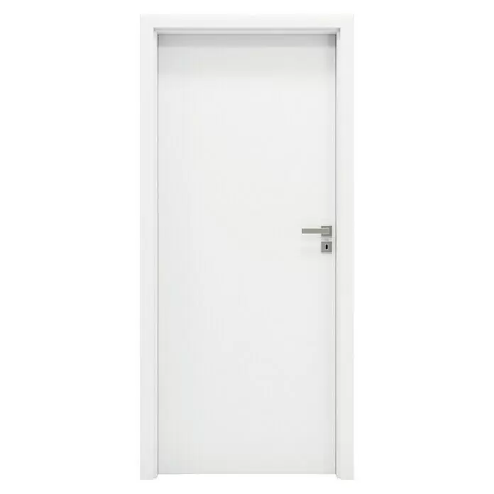 Invado Wohnungseingangstür FT1 - Klimaklasse nach RAL: II, 860 x 1.985 mm, DIN Anschlag: Rechts, Verkehrsweiß matt - Weiße Tür mit modernem silbernem Griff und Schloss.