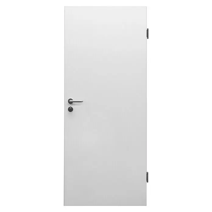 Invado Wohnungseingangstür FT1 - Klimaklasse nach RAL: II, 860 x 1.985 mm, DIN Anschlag: Rechts, Verkehrsweiß matt - Weiße Tür mit grauem Griff und Schlüsselloch, mit zwei sichtbaren grauen Scharnieren auf der rechten Seite.
