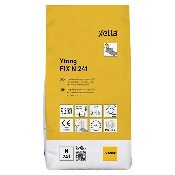 Ytong Dünnbettmörtel Fix N241 - 10 kg - Ein Sack Ytong FIX N 241 Dünnbettmörtel, ideal für Porenbeton-Plansteine und -Planbausteine. Geeignet für präzise und effiziente Bauprojekte.