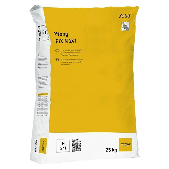 Ytong Dünnbettmörtel Fix N241 - 25 kg - Produktabbildung: Ein Sack Ytong FIX N 241 Dünnbettmörtel, 25 kg, für Porenbeton-Plansteine und -bausteine.