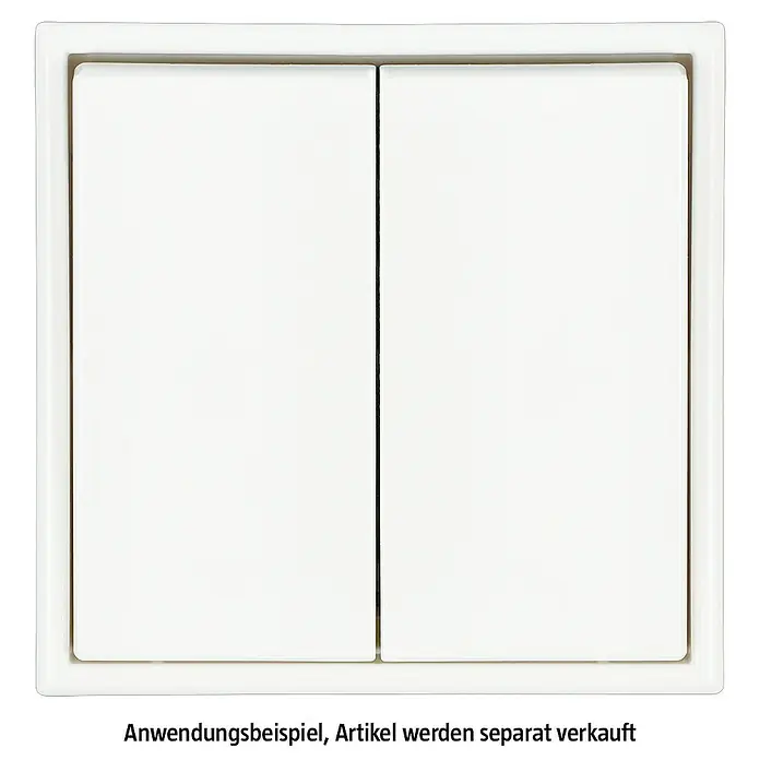 Jung LS 990 Abdeckrahmen LS981WW - Alpinweiß, 1-fach, Kunststoff - Nahaufnahme eines weißen Doppel-Lichtschalters mit zwei Kippschaltern und einem rechteckigen Rahmen an einer Wand.