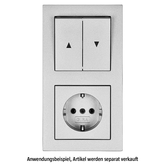 Gira E2 Abdeckrahmen 021225 - Alu, 2-fach, Kunststoff - Ein Gira Schalter und Steckdose in Silber, bestehend aus zwei Schaltern mit Pfeilen und einer Schuko-Steckdose mit Gira-Logo.
