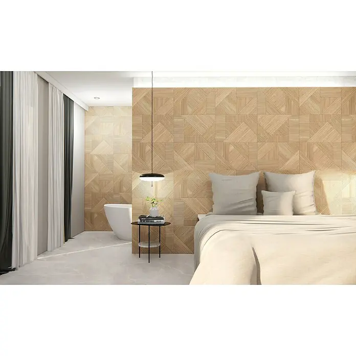 BHS Showroom Revestimiento de pared Nantes - 60 x 120 cm, Fuoco, Mate, Rectificado - Un dormitorio elegante con un cabecero de paneles de madera único que aporta calidez y textura. La paleta de colores neutros crea un ambiente relajante.