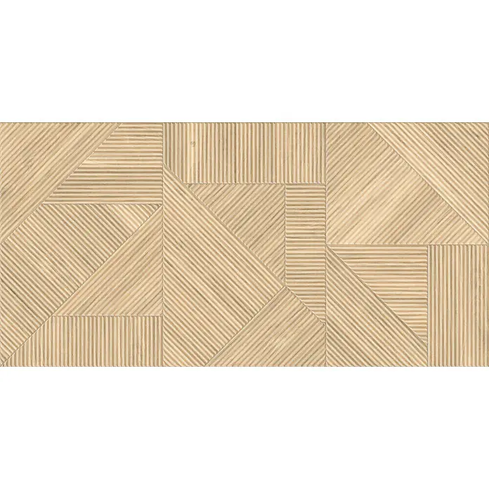 BHS Showroom Revestimiento de pared Nantes - 60 x 120 cm, Fuoco, Mate, Rectificado - Panel de pared geométrico con tiras de madera clara dispuestas en diferentes direcciones para crear un patrón interesante.
