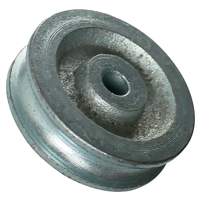 Stabilit SeilrolleDurchmesser: 40 mm, Für Seildurchmesser: 5 mm, Gusseisen - Nahaufnahme eines grauen, runden Riemenscheibenrads mit einer zentralen Achsenbohrung, das ein Maschinenelement für Kraftübertragung darstellt.