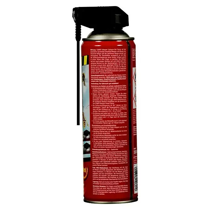 Compo Wespen-Spray Schaumgel - 500 ml - Rote Sprühdose COMPO Wespen Schaum-Gel mit schwarzer Kappe und ausziehbarer Düse, mit deutscher Beschriftung und Wespen-Illustration.