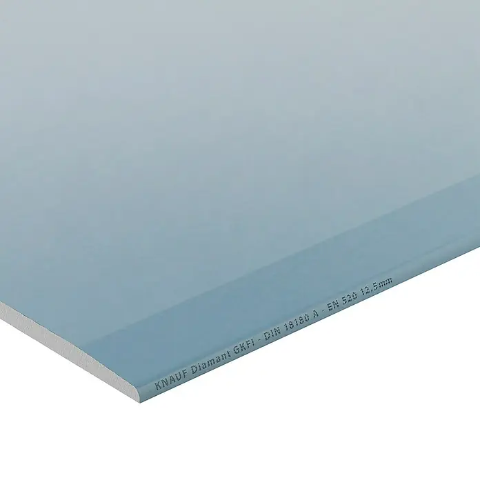 Knauf Gipskartonplatte Diamant GKFI2.000 x 1.250 x 12,5 mm, Imprägniert - Detailaufnahme einer Knauf Diamant GKFI Gipsplatte, ideal für Bau- und Renovierungsprojekte.