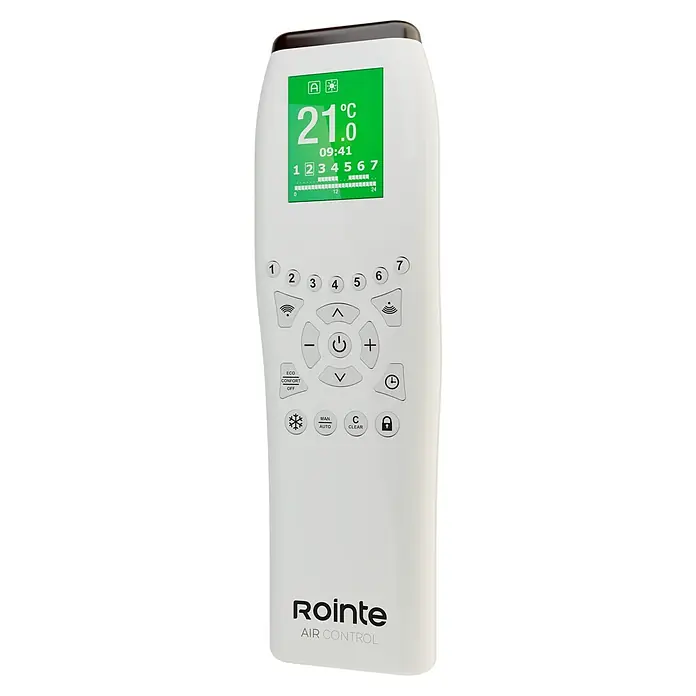 Rointe Mando a distancia AIR Control - Blanco - Primer plano del mando a distancia Rointe para sistemas de calefacción con pantalla digital y varios botones de función.