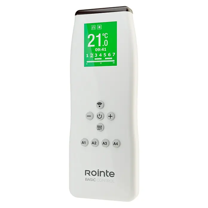 Rointe Mando a distancia Basic Control - Blanco - Primer plano de un termostato de radiador Rointe BASIC CONTROL con pantalla digital, teclado y diseño minimalista.