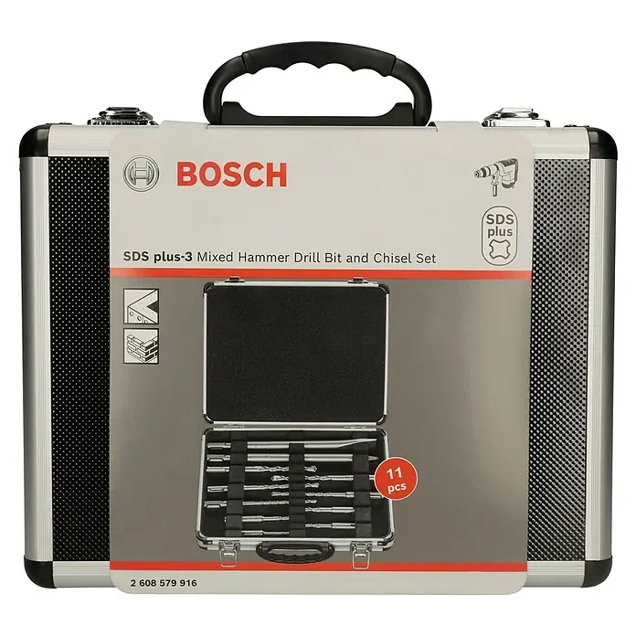 Bosch SDS-Plus-Bohrer- & Meißel-Set - 11 -tlg. - Abbildung eines Bosch SDS plus-3 Hammerbohrer- und Meißelsatzes in einem robusten Tragekoffer für den einfachen Transport.