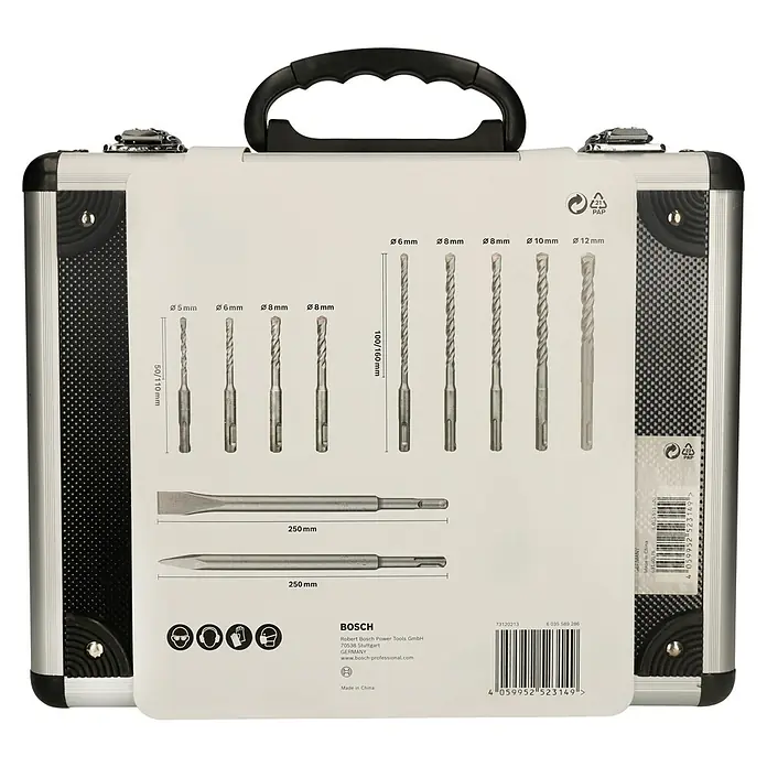 Bosch SDS-Plus-Bohrer- & Meißel-Set - 11 -tlg. - Nahaufnahme einer Bosch-Bohrersatz-Box mit verschiedenen Bohrern und Meißeln unterschiedlicher Größe.