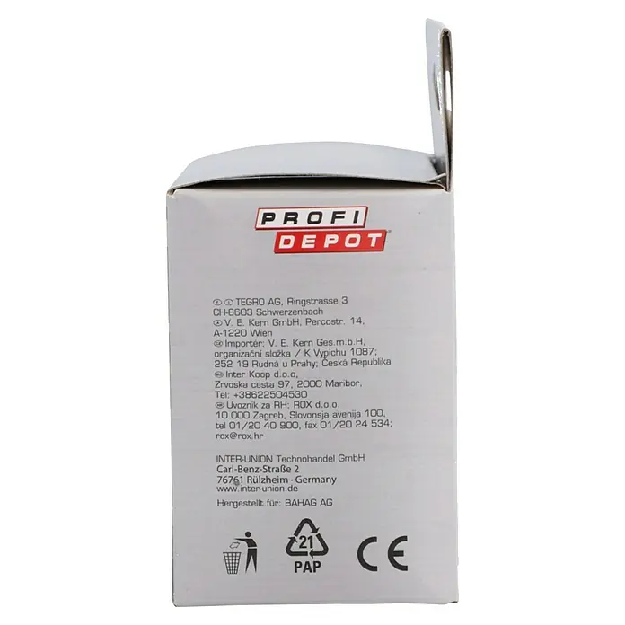 Profi Depot Universal-Netzteil 3-12 V - Schwarz, Max. Leistung: 12 W - Nahaufnahme der Verpackung eines "Profi Depot"-Produkts mit Herstellerinformationen und Recyclinghinweisen.