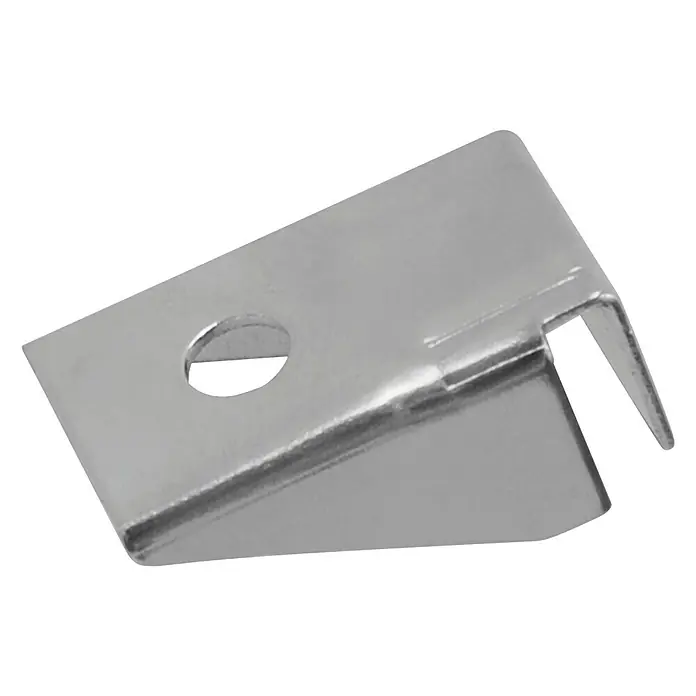 Dolle Aleta doble de acero - 1 lado, Apto para: Soporte con cuadrícula 32, 6 ud. - Un soporte de ángulo brillante de color plateado con un agujero y una esquina en ángulo recto.