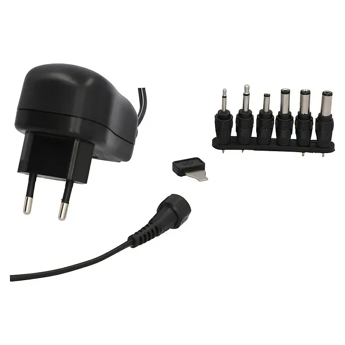 Profi Depot Universal-Netzteil 3-12 V - Schwarz, Max. Leistung: 12 W - Das Bild zeigt ein schwarzes Netzteil mit verschiedenen Adaptern für unterschiedliche Geräte, die aufgereiht sind.
