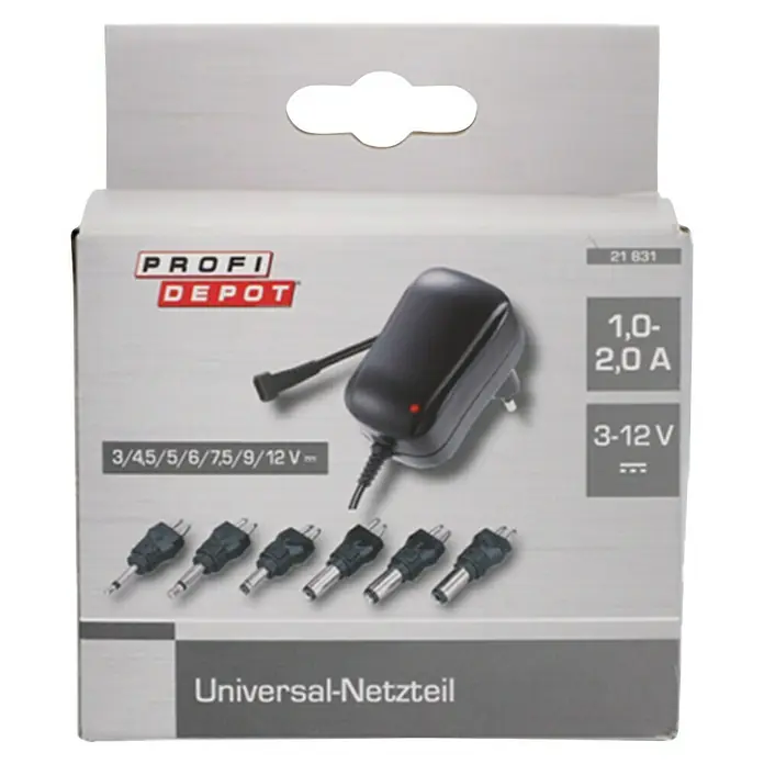 Profi Depot Universal-Netzteil 3-12 V - Schwarz, Max. Leistung: 12 W - Abbildung einer Universal-Netzteilverpackung von Profi Depot mit verschiedenen Adaptern und Spannungseinstellungen.