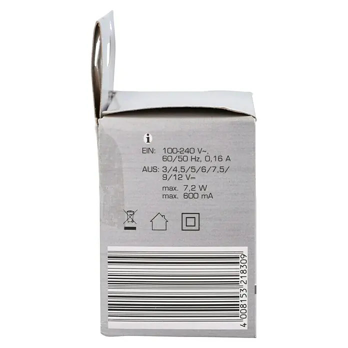Profi Depot Universal-Netzteil 3-12 V - Schwarz, Max. Leistung: 7,2 W - Nahaufnahme der Beschriftung und des Barcodes auf der Verpackung eines elektronischen Produkts.