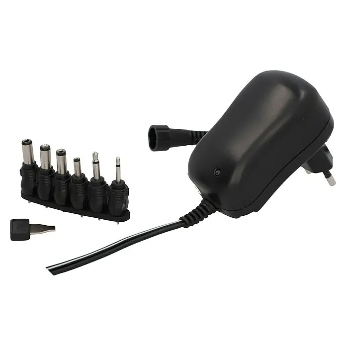 Profi Depot Universal-Netzteil 3-12 V - Schwarz, Max. Leistung: 12 W - Das Bild zeigt ein schwarzes Universal-Netzteil mit verschiedenen Adaptern für unterschiedliche Geräte. Praktisch und vielseitig.