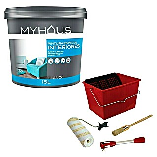 Pintura para paredes MyHaus + Kit para pintar con rodillo (Blanco, 15 l, Mate)