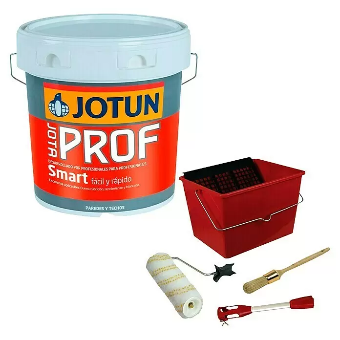 Pintura para paredes y techos Jotaprof Smart + Kit para pintar con rodillo - Blanco, Mate, 15 l - Cubeta de pintura Jotun Prof con bandeja roja, rodillo, mezclador y dos pinceles.