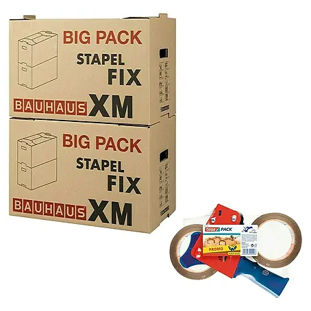 Juego de cajas de embalaje XM Stapel-Fix + Pack Precintadora + 2 Rollos