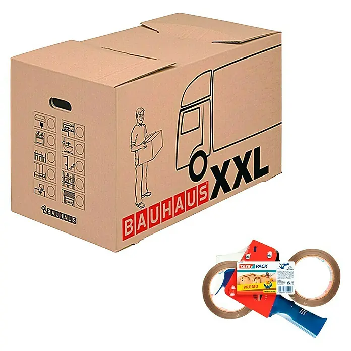 Caja de embalaje Multibox XXL + Pack Precintadora + 2 Rollos - Capacidad de carga: 30 kg, L x An x Al: 72,5 x 41 x 44 cm - Caja de mudanzas XXL de Bauhaus con dispensador de cinta adhesiva. Ideal para una mudanza sin estrés y un transporte seguro.