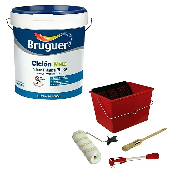 Pintura para paredes y techos Ciclón + Kit para pintar con rodillo - Blanco, Mate, 15 l - Cubo de pintura blanco y azul, bandeja roja, rodillo, brocha, mezclador y abrelatas, herramientas esenciales para pintar.