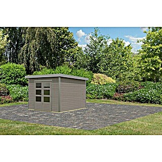 Karibu Gartenhaus Hybride Pluto D (Außenmaß inkl. Dachüberstand (B x T): 309 x 309 cm, Fichte/ Metall, Wassergrau/ Staubgrau)