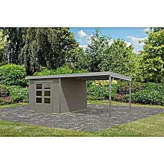 Karibu Gartenhaus Hybride Pluto D (Außenmaß inkl. Dachüberstand (B x T): 574 x 574 cm, Fichte/ Metall, Wassergrau/ Staubgrau)