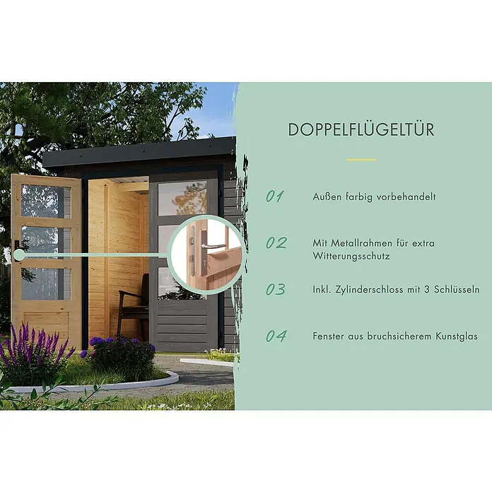 Karibu Gartenhaus Pluto 7 B - Außenmaß inkl. Dachüberstand (B x T): 390 x 273 cm, Holz, Terragrau/Weiß - Doppelflügeltür mit Metallrahmen, Zylinderschloss und bruchsicherem Kunstglas für extra Witterungsschutz.