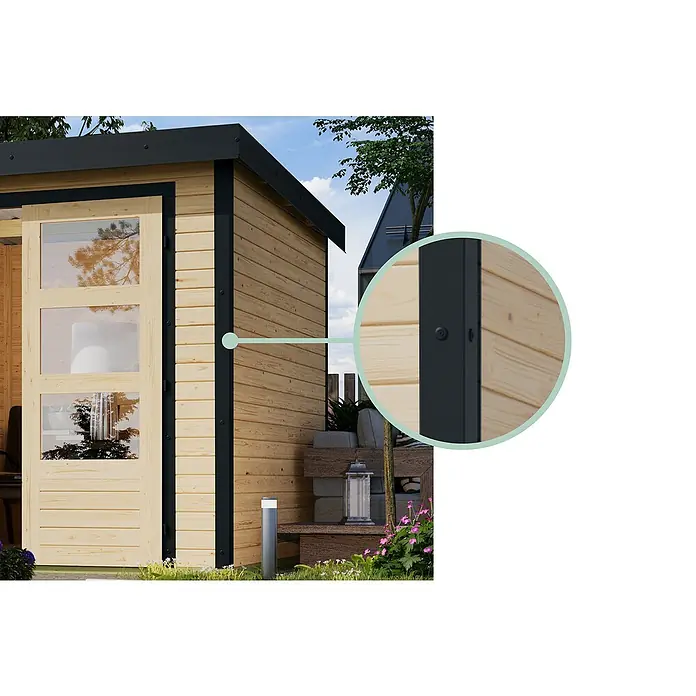 Karibu Gartenhaus Pluto 6 A - Außenmaß inkl. Dachüberstand (B x T): 309 x 292,4 cm, Holz, Naturbelassen/ Anthrazit - Nahaufnahme einer modernen Gartensauna mit Holzverkleidung und schwarzen Akzenten, die ein stilvolles und entspannendes Ambiente bietet.