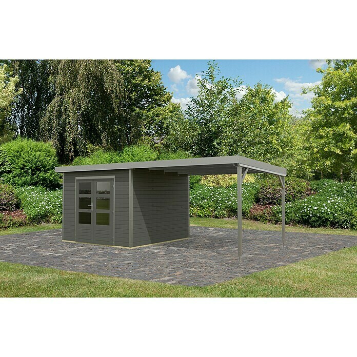 Karibu Gartenhaus Hybride Pluto B (Außenmaß inkl. Dachüberstand (B x T): 574 x 574 cm, Fichte/ Metall, Terragrau/ Staubgrau) | BAUHAUS