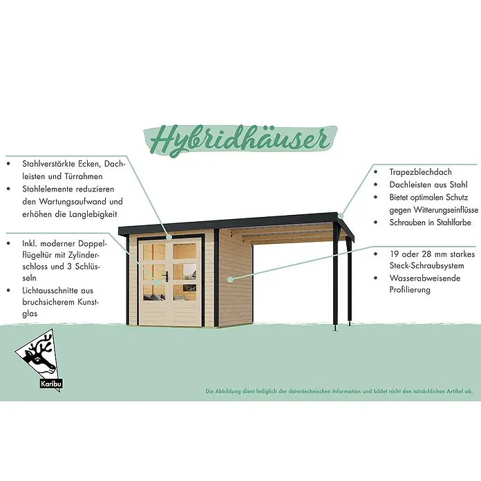 Karibu Gartenhaus Pluto 6 A - Außenmaß inkl. Dachüberstand (B x T): 309 x 292,4 cm, Holz, Naturbelassen/ Anthrazit - Abbildung eines modernen Hybridhauses mit Stahlelementen, Doppel-flügeltür und Trapezblechdach.