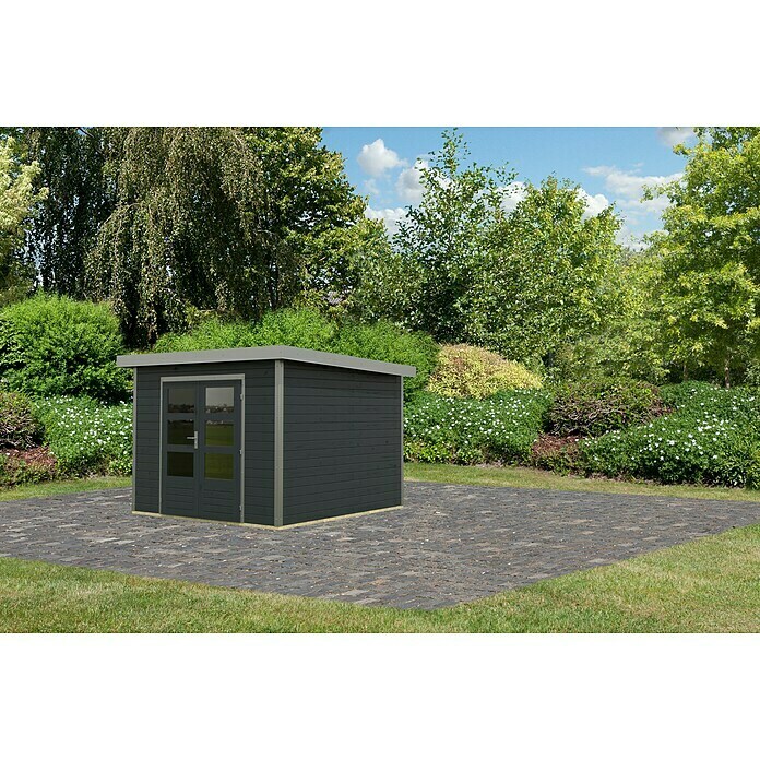 Karibu Gartenhaus Hybride Pluto C (Außenmaß inkl. Dachüberstand (B x T): 309 x 309 cm, Fichte/ Metall, Anthrazit/ Staubgrau) | BAUHAUS