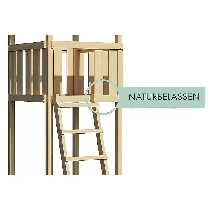 Karibu Kinderspielturm Set Luis 28 - L x B x H: 200 x 200 x 345 cm, Holz, Naturbelassen - Naturbelassener Holzspielturm mit Leiter.