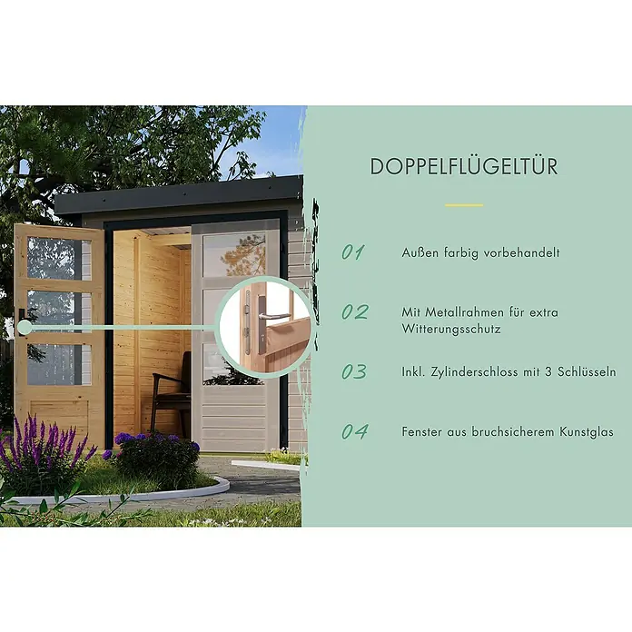 Karibu Gartenhaus Jupiter 5 D - Außenmaß inkl. Dachüberstand (B x T): 320,5 x 266,5 cm, Holz, Wassergrau/Weiß - Doppelflügeltür aus Holz mit Metallrahmen und bruchsicherem Kunstglas, ideal für Gartenhäuser. Mit Zylinderschloss und 3 Schlüsseln.