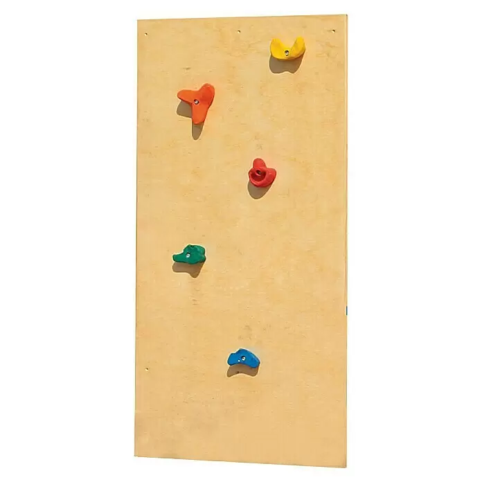 Karibu Kinderspielturm Set Luis 28 - L x B x H: 200 x 200 x 345 cm, Holz, Naturbelassen - Bunte Klettergriffe in verschiedenen Formen auf einer hellen Holzplatte montiert.